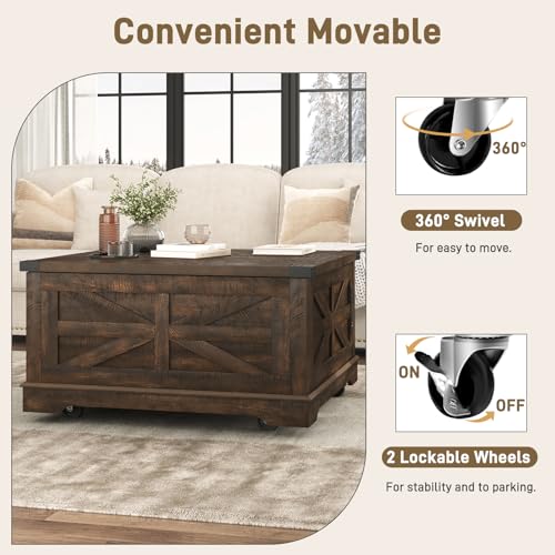 Hlivelood 36" Farmhouse Movable Lift Top Coffee Table with Storage and Power Outlets, Square Wood Living Room Tables with Wheels&Large Hidden Space, Lift Wooden Barn Door Center Table, Brown - color: Brown