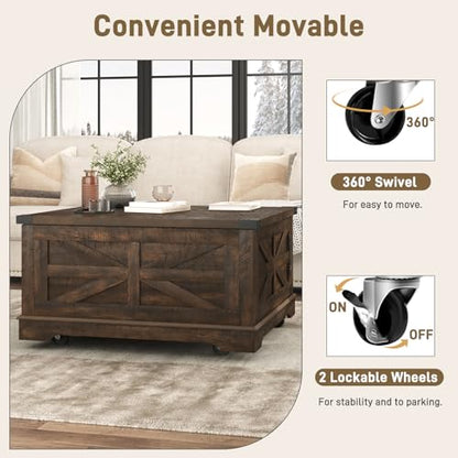 Hlivelood 36" Farmhouse Movable Lift Top Coffee Table with Storage and Power Outlets, Square Wood Living Room Tables with Wheels&Large Hidden Space, Lift Wooden Barn Door Center Table, Brown - color: Brown