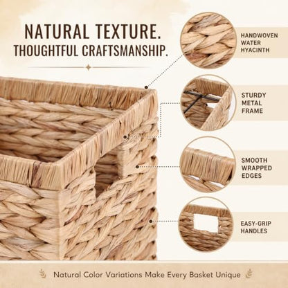 Set of 3 Water Hyacinth Storage Basket Rattan Woven Shelf Organizing with Built-in Handles 3-Pack Nesting Wicker Bathroom Accessories Pantry Storage