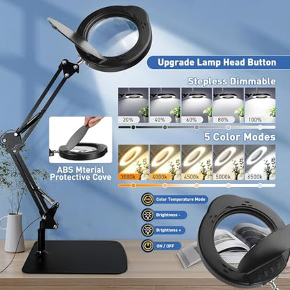 15X Magnifying Glass with Light & Stand,Real Glass,RTM Safety Protection,5 Colors Stepless Dimmable Eye-Caring LED,2-in-1 Hands-Free Desk & Clip-On Magnifier for Reading Crafts Painting & Repair