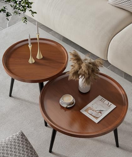2-Piece Walnut Coffee Table,Durable Mid Century Small Round Coffee Tables for Living Room,Easy Assembly Modern Nesting Coffee Tables Set,Circle Side Tables for Sofa Bedside Balcony - color: Walnut