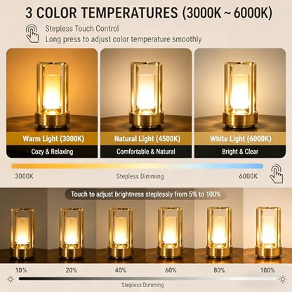 Rechargeable Crystal Table Lamp, 3-Color Touch LED, Gold | Gold metal crystal lantern, 3-color touch dimming, USB-C rechargeable, compact 7.1 in accent light for patio table - style: golden-1
