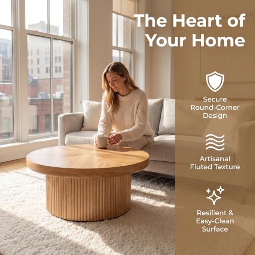 33.5" Round Coffee Table with Real Wood Parquet Top,Natural | Mid-Century Modern Tea Table Center Table, Thickened Tabletop, Sturdy Base for living Room, Easy Assembly - color: E-33.5" Natural