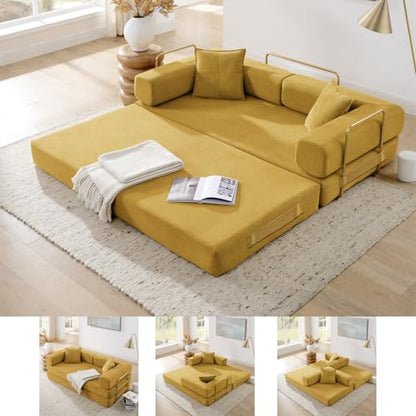 HANXIN Convertible Sleeper Sofa Bed, 78 Inch Folding Floor Mattress Couch with Fixed-Shape Frame, Futon Boneless Couch Lounge Loveseat with Pull Out Bed, No Assembly Required (Yellow) - color: Yellow, size: 78" Loveseat Sofa Bed