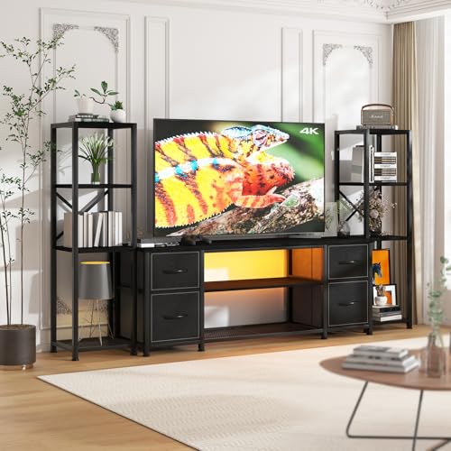 Yenlure LED TV Stand Bookshelf Combo with Charging Station for 65 60 55 Inch TV, Entertainment Center with Lights & Drawers, Industrial Media TV Console Table for Living Room Bedroom Office, Black - color: Black