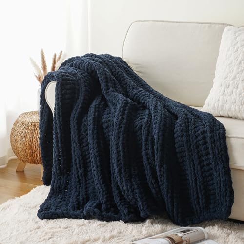 Battilo Chunky Knit Throw Blanket for Couch, 50"x60", Navy Blue | Hand Knit, Gift Blanket, Cozy Warm Thick Soft Chenille Throw Blanket for Bed, Sofa, Chair, Living Room - color: Navy