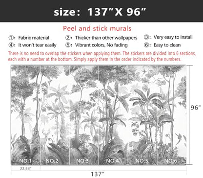 YIHWM-Peel and Stick Tropical Rainforest Wallpaper Grey Jungle Plants Mural | Tear-resistant,with a substantial feel;Will not be damaged during repositioning.Bathroom,Bedroom wallpaper.L-137"x96" - color: Yh14, size: 137"x96"