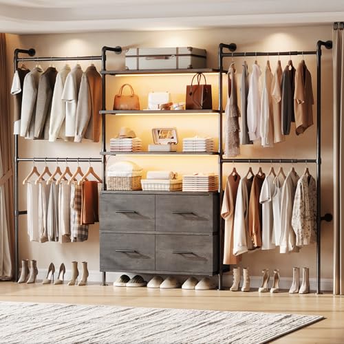 T3 Closet System with Stepless Dimmable LED Light & 4 Large Drawers | Adjustable from 6'6'' to 8'11'', Heavy Duty Industrial Pipe Clothes Rack with 6 Wood Shelves & 4 Hanging Rods, Black Gray Oak - color: Black Gray Oak