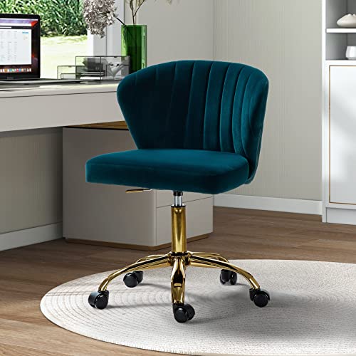TINA'S HOME Office Desk Chairs with Wheels & Gold Base, Modern Velvet Cute Armless Office Chair, Adjustable Low Back Swivel Rolling Chair, Upholstered Task Chair for Living Room Vanity Study-Teal | Modern Velvet Cute Armless Office Chair, Adjustable Low B