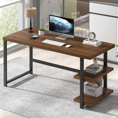 Modern Computer Desk, Wood Home Office Desk, Study Writing Gaming Table Workstation with Storage Shelves for Living Room Bedroom, Rustic Walnut, 53 Inch - color: Walnut, size: 53 inch