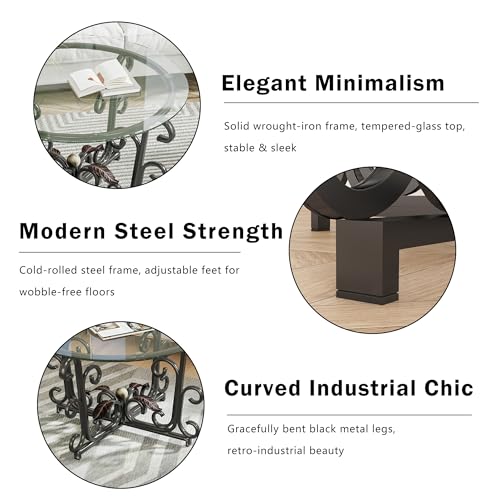 Glass Coffee Table Set of 3 — 31.5" Round Nesting Coffee Table with 2 End Tables, Tempered Glass Top & Wrought Iron Scroll Frame for Living Room, Apartment, Patio, Sunroom