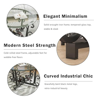 Glass Coffee Table Set of 3 — 31.5" Round Nesting Coffee Table with 2 End Tables, Tempered Glass Top & Wrought Iron Scroll Frame for Living Room, Apartment, Patio, Sunroom
