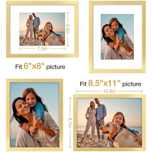 Vittanly 8.5x11 Picture Frames Set of 4, for Wall Mounting, Gold | Display Pictures 6x8 with Mat or 8.5x11 without Mat, Gallery Wall Frame Set Engineered Wood with Shatter Resistant Plexiglass - color: Gold, size: 8.5x11