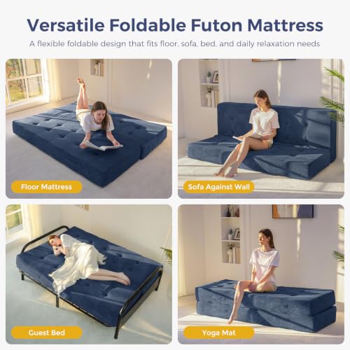 MAXYOYO Foldable Mattress, 8-Inch Tufted Futon Mattress with Handles | Tufted Floor Sofa Bed and Versatile Mattress, Carry Handles for Living Rooms or Guest Rooms, Frame Not Included, Dusty Blue - color: Dusty Blue