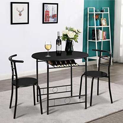 VINGLI 3 Piece Dining Set,Small Kitchen Table Set for 2,Breakfast Table Set,Kitchen Wooden Table and 2 Chairs for Small Space/Dining Room/Apartment,Metal Frame,Wine Rack,Black - color: Black