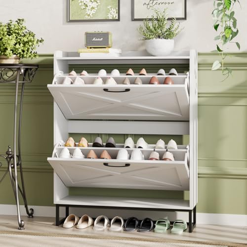 Maupvit Shoe Cabinet with 2 Flip Drawers, Freestanding Shoe Cabinet Organizer with Metal Legs, Shoes Storage Cabinet for Entryway, Narrow Shoe Rack Cabinet, White - color: White, style: 2-Drawers