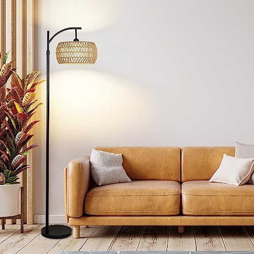 Arc Floor Lamp with Remote Control, Dimmable LED Floor Lamp with 3 Color Temperature, Black Standing Lamp with Rattan & Fabric Double Drum Shade, Boho Farmhouse Tall Pole Lamp for Living Room Bedroom - style: Bohemian