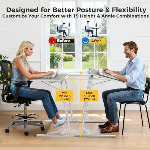 Upgraded Folding TV Tray Table, Sturdy Couch & Dinner Laptop Table | Adjustable Height & Angle Portable Desk for Eating, Work & Recliner; Includes Footrest, Cup Holder, iPad Holder, Edge Stopper - color: (White) - Bright Wood