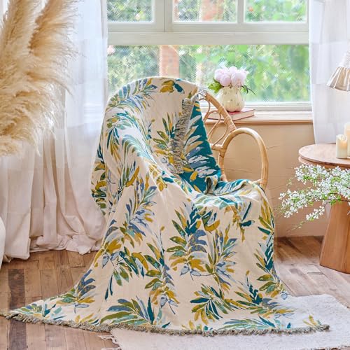 Boho Throw Blanket 60"x80" 100% Cotton Twin Bed Tassel Blanket with Leaf Pattern,Soft Breathable Lightweight Spring Decorative Reversible Blankets for Couch Sofa Decor All Season - color: Leave-cream, size: 60"x80"