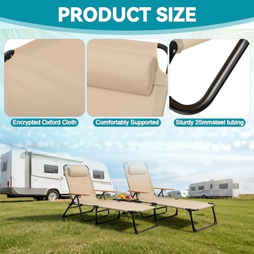 Beach Lounge Chair, Folding Outdoor Chaise Lounge Chair with Arms, 4-Position Backrest, Extended Sun Tanning Chair Pillow & Cup Holder, Patio Lounger for Outside for Beach Pool Patio Yard (Beige) - color: Beige