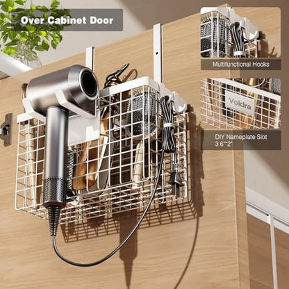 Voldra Hair Dryer Holder Cabinet Door, Adhesive Hair Tool Organizer Wall Mount Adjustable Height Blow Dryer Holder Under Sink/Countertop for Flat Curling Iron, Hair Brush and Straightener (1, White) - color: White