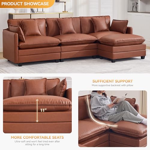 111'' Sectional Cloud Deep Seat Couch, Modern Comfy Leather L Shaped Sectional Sofa for Living Room Set, Upholstered Modular 4-Seats Sofa Couch with 1 Movable Ottoman, Leather Brown - color: Pu-dark Brown, size: 111'' L Shape