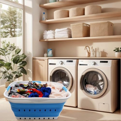 SAMMART 42L (11 gallon) Collapsible Plastic Laundry Basket - Foldable Pop Up Storage Container/Organizer - Portable Basket - Space Saving Hamper/Basket (2, White/Marine Blue) - color: White/Marine Blue