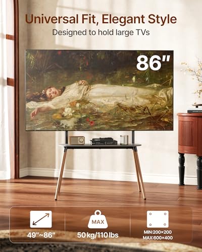 4-Leg Easel TV Stand for 49-86" TVs, 110 lbs, Black | Height-adjustable floor TV stand, storage shelf, cable management and protective pads for living room, office or school - color: Black, size: 49–86 Inch TVs