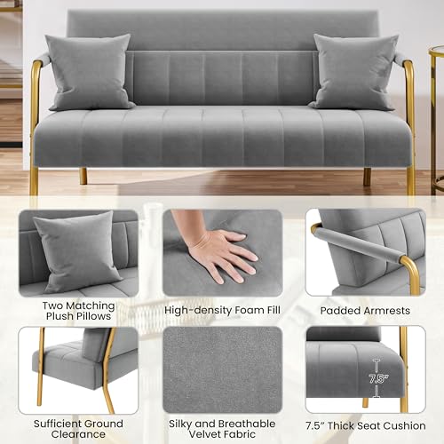 Yaheetech 56.5" Small Sofa 2 Seater Couch with Gold-Tone Legs, Light Gray | Small Sofa Loveseat Velve 2 Seater Couch with Tufted Back Gold Metal Frame 2 Pillows for Office, Studio,Living Room - color: Light Gray, size: 56.5" W