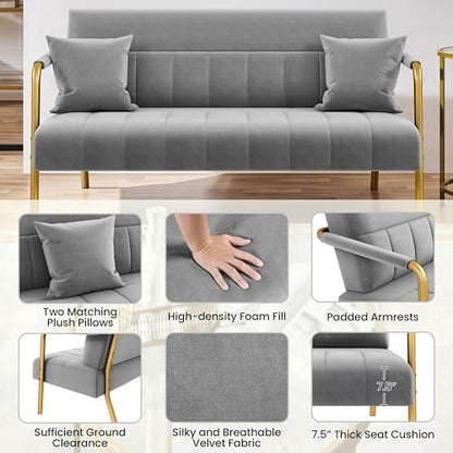 Yaheetech 56.5" Small Sofa 2 Seater Couch with Gold-Tone Legs, Light Gray | Small Sofa Loveseat Velve 2 Seater Couch with Tufted Back Gold Metal Frame 2 Pillows for Office, Studio,Living Room - color: Light Gray, size: 56.5" W