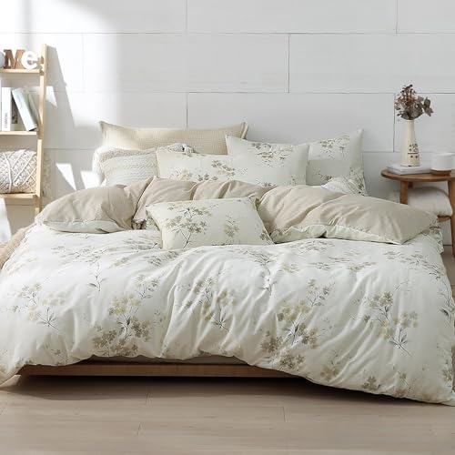 LEMIROE Floral Cotton Comforter Queen Size - Cream Comforter with Luxurious Grey Branches & Subtle Beige Blossoms,Reversible Lightweight Bedding Sets 3Pcs(90"×90") - color: Floral - Cream Beige, size: Full/Queen (90"×90")