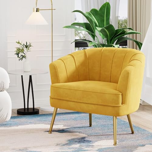Velvet Accent Chair Set of 2, Barrel Armchair, Yellow | Velvet Upholstery, Golden Metal Legs, Comfy Barrel Back, Modern Style, Living Room Bedroom Office - color: Yellow, size: 2 Chairs
