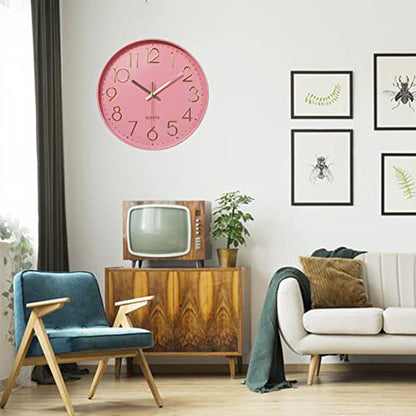 12 in Wall Clock Non-Ticking Quartz Silent Battery Operated Round Clocks Home Kitchen Office School Living Room Decor Clocks (Pink-Rose) - color: Pink-rose