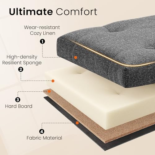 Storage Bench, Upholstered Linen Ottoman Bench with Button-Tufted, Folding Bedroom Bench with Wood Legs, Entryway Bench for Bedroom, Grey - color: Grey