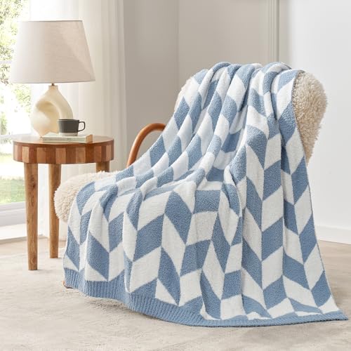 Snuggle Sac Chevron Throw Blanket for Couch, Reversible Super Soft Warm Blankets Cozy Knit Fuzzy Plush Lightweight Throws for Sofa, Bed, Camping, Blue, 50x60 inches - color: Chevron Blue, size: Throw (50"x60")