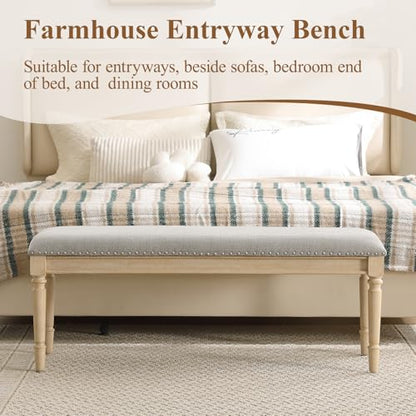 46'' French Country Entryway Bench Wooden Linen Fabric Upholstered Seat Dinng Bench with Nailhead Trim for Hallway End of Bed, Grey - color: Linen, Grey, Nailhead Trim
