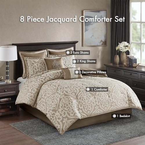 Madison Park Odette Cozy Comforter Set Jacquard Damask Medallion Design - Modern All Season, Down Alternative Bedding, Shams, Decorative Pillows, Queen(90 in x 90 in), Tan 8 Piece | All Season Down Alternative Bedding with Comforter, Shams, Bed Skirt, Dec