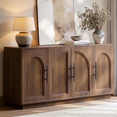 Evermagin 67IN Walnut Fluted Sideboard Buffet Cabinet with Storage | Large Wood Storage Cabinet with Arched Door, Dining Room Buffet Table for Kitchen Living Room Hallway Entryway - color: Walnut