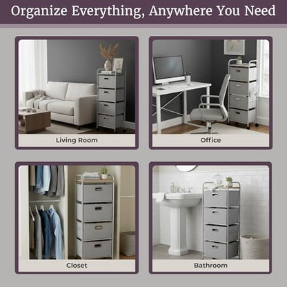 4-Drawer Fabric Dresser - Slim Clothes Storage Organizer with Wheels and Metal Frame - Rolling Cart for Closet, Home, or Office by Lavish Home (Gray)