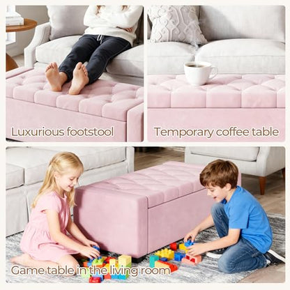 Storage Ottoman Bench,Large Entryway Ottoman with Storage, Rectangular Bench with Cushion and Safety Hinge for Living Room Bedroom - color: Pink