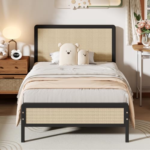 IMMERSTABLE Rattan Twin Bed Frame with Headboard, Boho Twin Metal Platform Bed Frame with Steel Slats, Under Bed Storage, Rounded Corners, No Box Spring Needed, Quiet Design, Easy Assembly, Black - color: Black, size: Twin
