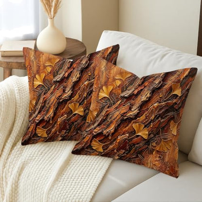 Ginkgo Leaves Throw Pillow Covers Set of 2, Natural Rustic Bark Texture Wood Grain Fall Brown with Hidden Zipper Pattern Pillow Covers for Living Room Bedroom Loft Office Car Decor 18x18 Inch - size: 18" x 18" (Pack of 2)