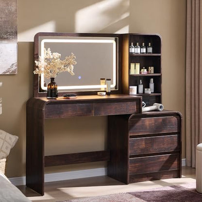 Aitjunz Vanity Desk with Mirror and Lights, 50” Modren Makeup Vanity with 35.43" Mirror and 5 Drawers, Makeup Table with Charging Station for Women and Girls, Bedroom (Brown) - color: Brown
