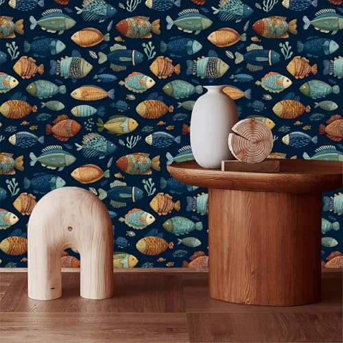 Deep Navy Blue Background Whimsical Underwater Tropical Fish Peel and Stick Wallpaper Easy Peel Off Contact Paper Stick on Adhesive Wall Paper for Bathroom Waterproof Renter 17.71"x118.1" - color: LD-143a, size: 17.7" x 118"