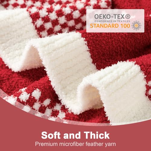 Snuggle Sac Checkered Blanket, Buffalo Plaid Checker, Lux Soft Fuzzy Cozy, Reversible Knitted, Red White, 60x80 inches - color: Checker Red White, size: Twin(60"x80")