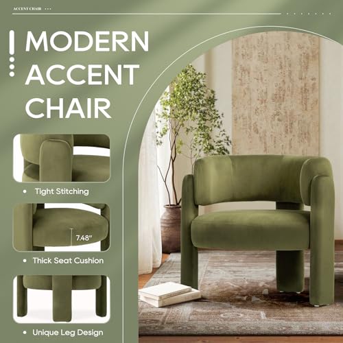 COLAMY Modern Velvet Accent Chair, Upholstered Barrel Chair, Comfy Side Arm Chair with 3 Legs for Living Room, Bedroom, Reading, Green - color: New-green, size: Set of 1