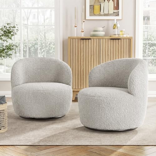 FiveWillowise Swivel Accent Chair Set of 2, 360° Small Round Barrel Chairs, Modern Cozy Sherpa Padded Armchair for Living Room, Bedroom, Waiting Room, Office, Light Grey - color: Light Grey, size: 2 PC