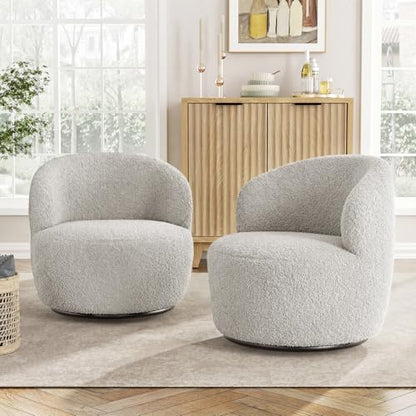 FiveWillowise Swivel Accent Chair Set of 2, 360° Small Round Barrel Chairs, Modern Cozy Sherpa Padded Armchair for Living Room, Bedroom, Waiting Room, Office, Light Grey - color: Light Grey, size: 2 PC