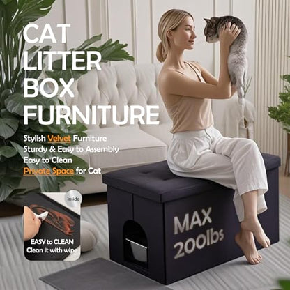 MEEXPAWS Cat Litter Box Enclosure Furniture XXL Velvet Lift Design Lid | Extra Large Hidden Cat Washroom Bench Ottoman, Storage Cabinet Dog Proof, Urine Proof, Easy Clean, Quick Assembly, Black - color: Black, size: XXL 35.4'' x W19.7'' x H19.7''