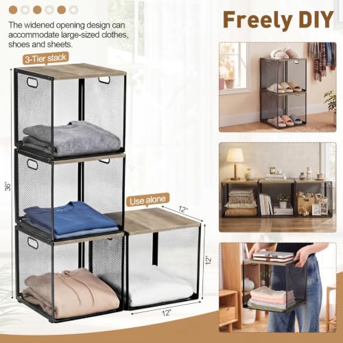AceOrbit 3 Pcs Widened Stackable Closet Organizers and Storage with Wood Foldable Top Metal Cube Closet Shelf DIY Space Saving Linen Cloth Shoe Bed Sheet Bin for Wardrobe Bedroom (12"x12"x12", Lights) - color: Lights, size: 12"x12"x12"